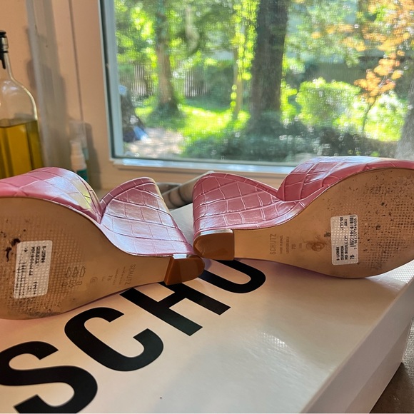 Schutz Shoes | Schutz Pink Women Lucimara Crocodile Embossed Leather Wedge slide - Picture 2 of 5